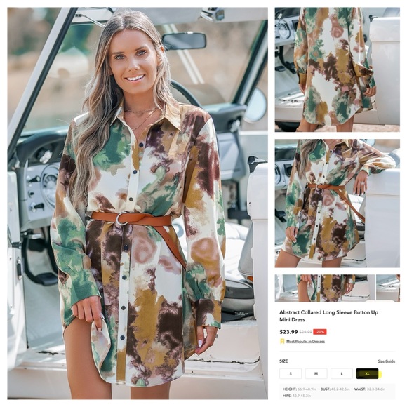 Abstract Collared Long Sleeve Button-Up Mini Dress - Size XL - Picture 4 of 4